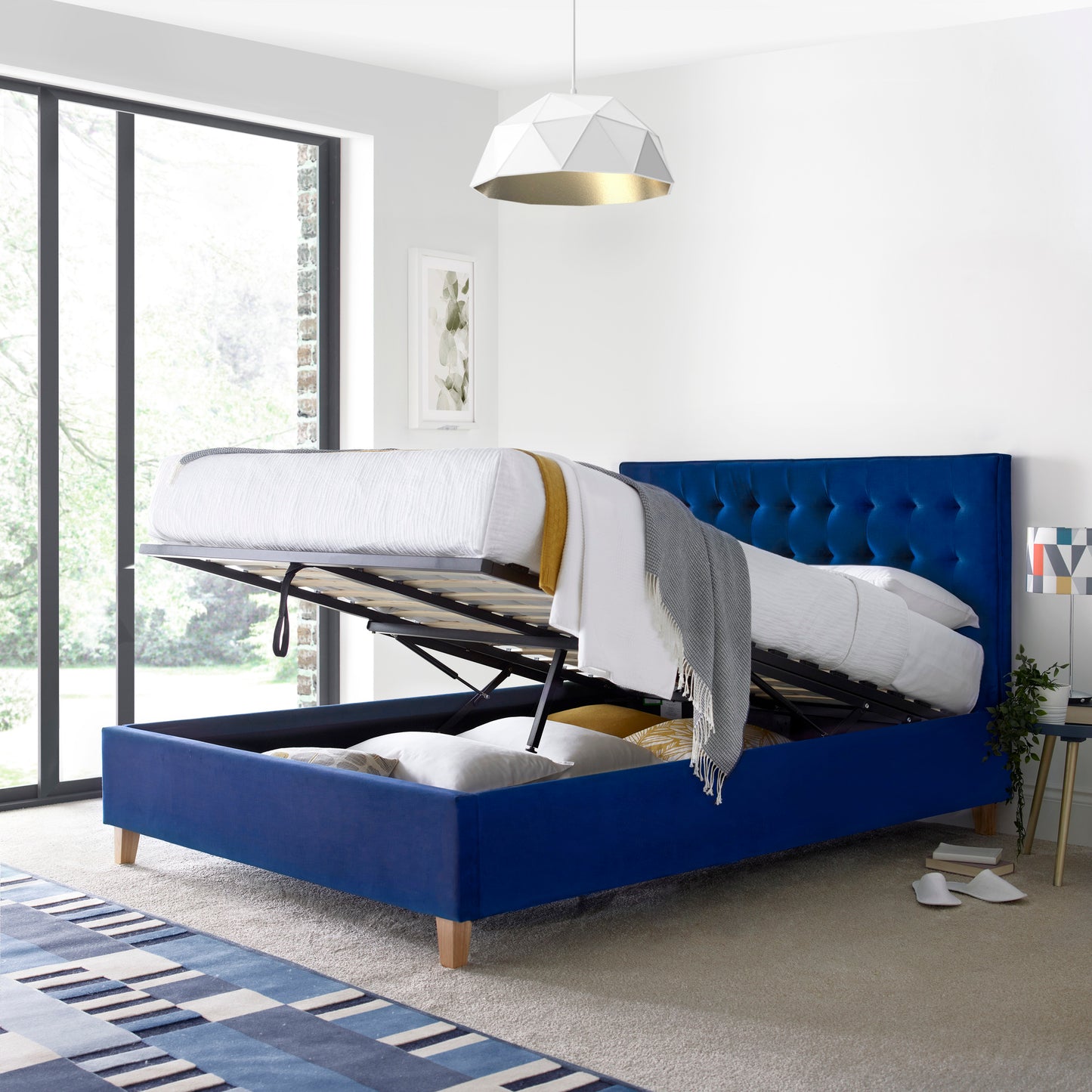 Kingham Blue Velvet Ottoman Bed