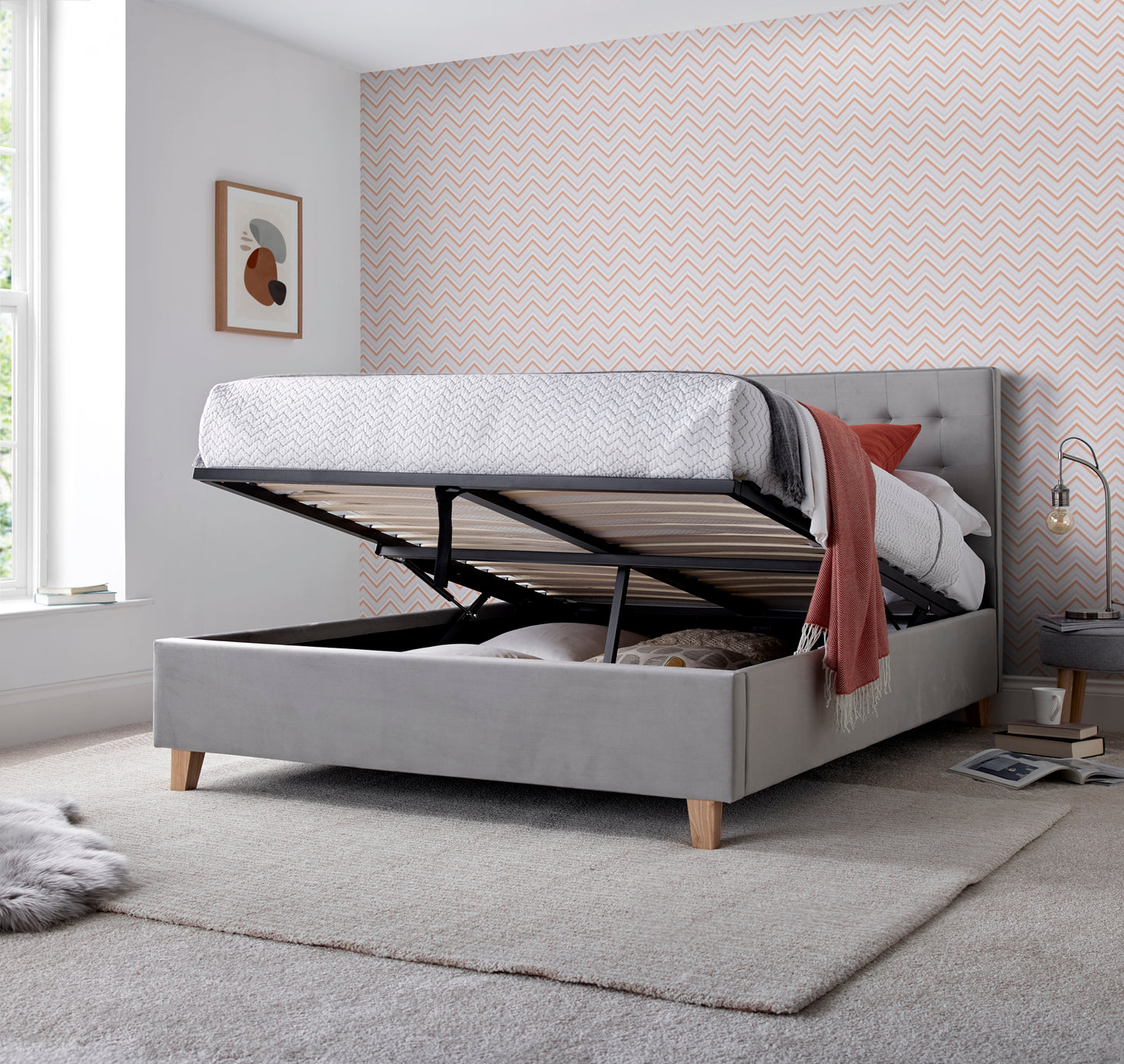 Kingham Grey Velvet Ottoman Bed
