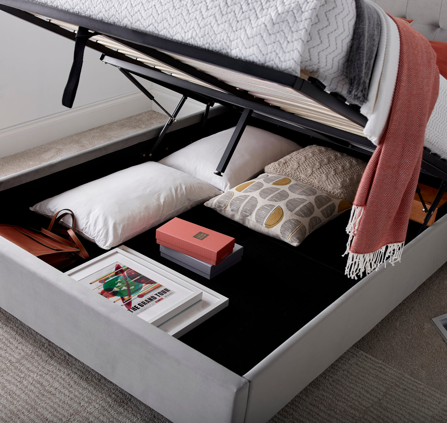 Kingham Grey Velvet Ottoman Bed
