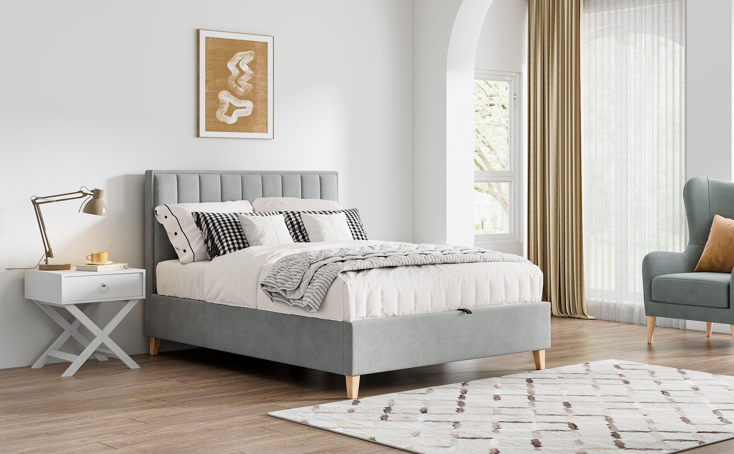 Rhodes Grey Velvet Ottoman Bed