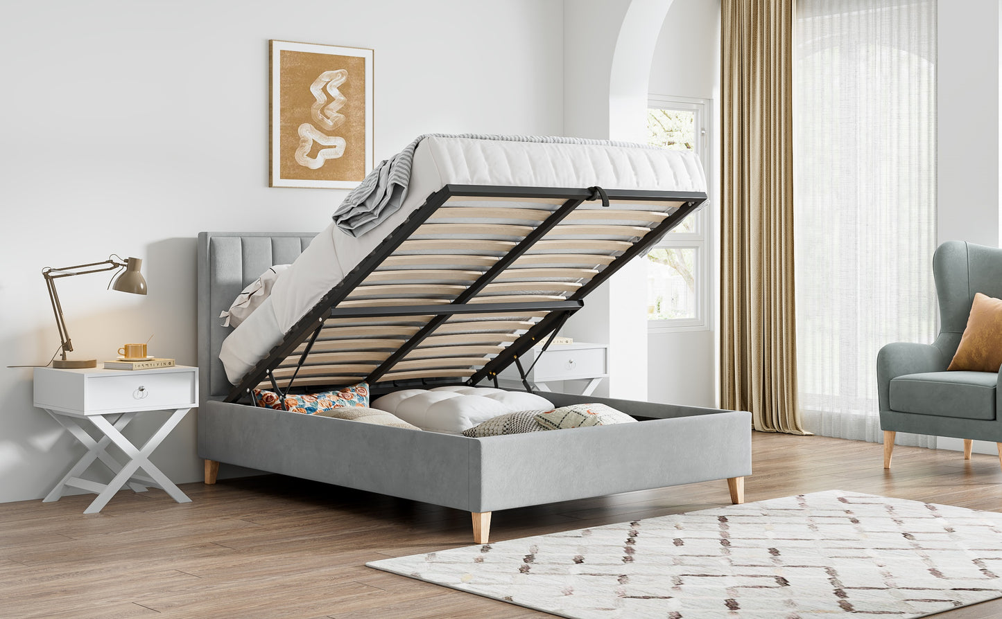 Rhodes Grey Velvet Ottoman Bed